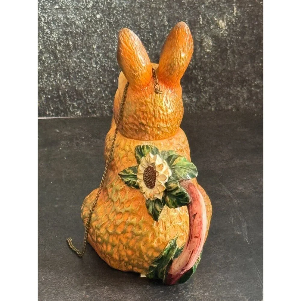 Mini Ceramic Rabbit Teapot With Sunflower Accent & Chain Lid 5" Tall Easter Spri - Picture 4 of 8